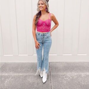 Women's Blue cropped Jeans with RHINESTONE FRINGE